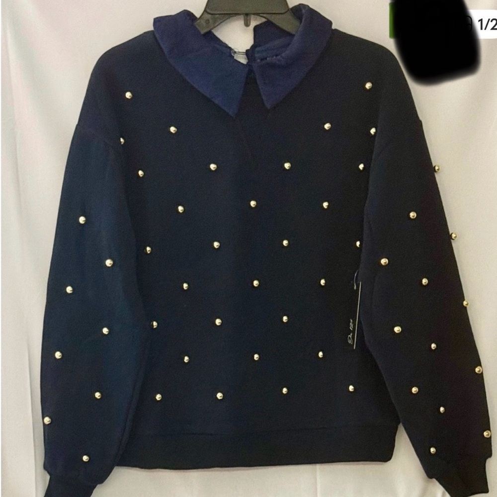Navy Blue Pearl-Embellished Sweater
